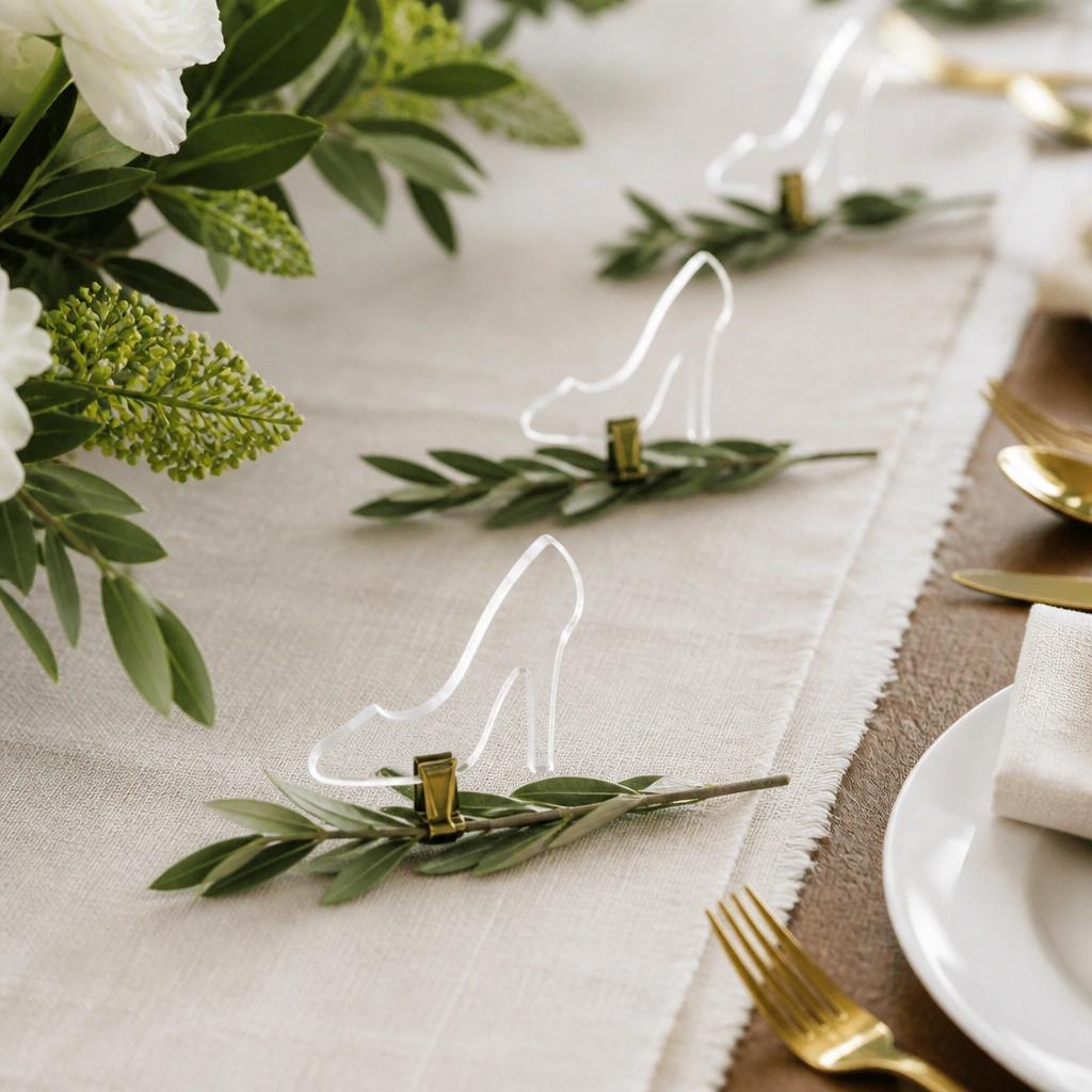 Close-up of a table with a cream linen runner; acrylic place cards shaped like small shoes, each clipped to a miniature greenery sprig; gold cutlery visible.