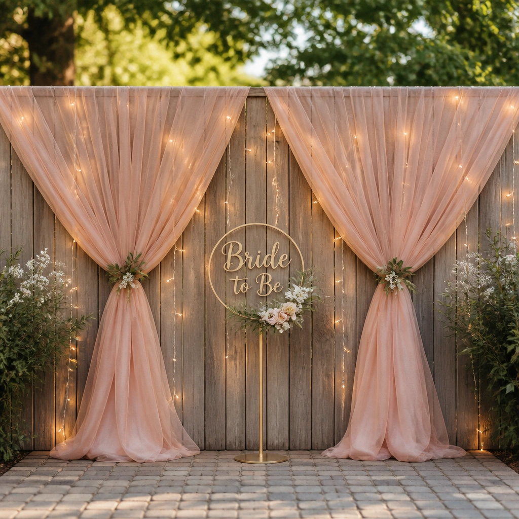 A fence backdrop draped with sheer blush fabric panels tied at intervals; warm fairy lights glow softly; a small “Bride-to-Be” monogram sits centered on a stand.