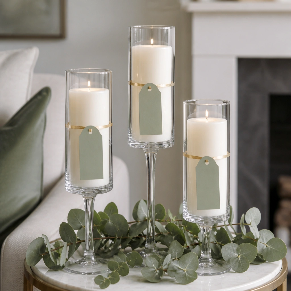 Three tall clear glass candle holders on a side table; each candle has a sage label tied with thin gold ribbon; eucalyptus leaves scattered underneath.