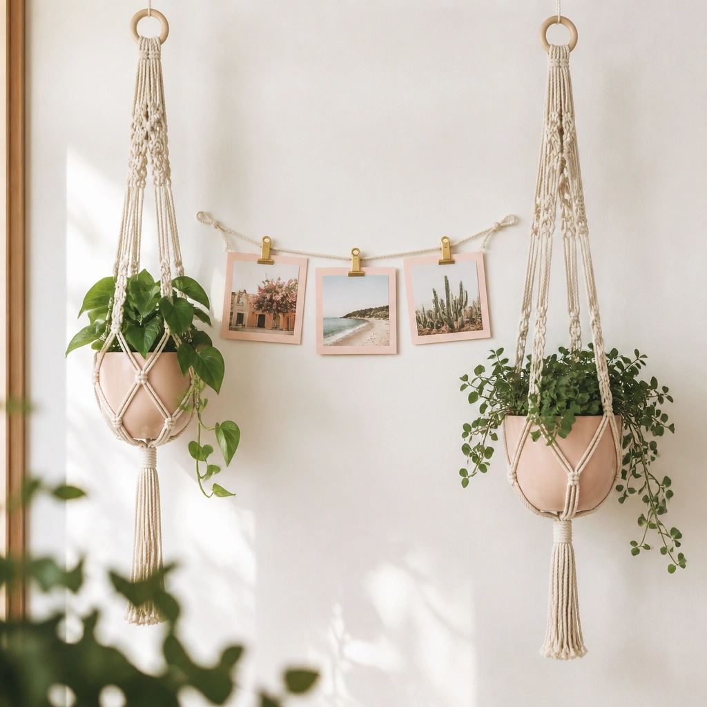 Two macramé plant hangers holding small potted greenery; between them, a mini photo display with blush frames and gold clips on a short line.