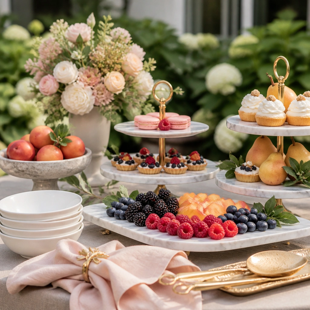 An outdoor dessert table styled with marble-effect tiered trays, white bowls, blush napkins, and fruit platters (berries and peaches) between gold serving pieces.
