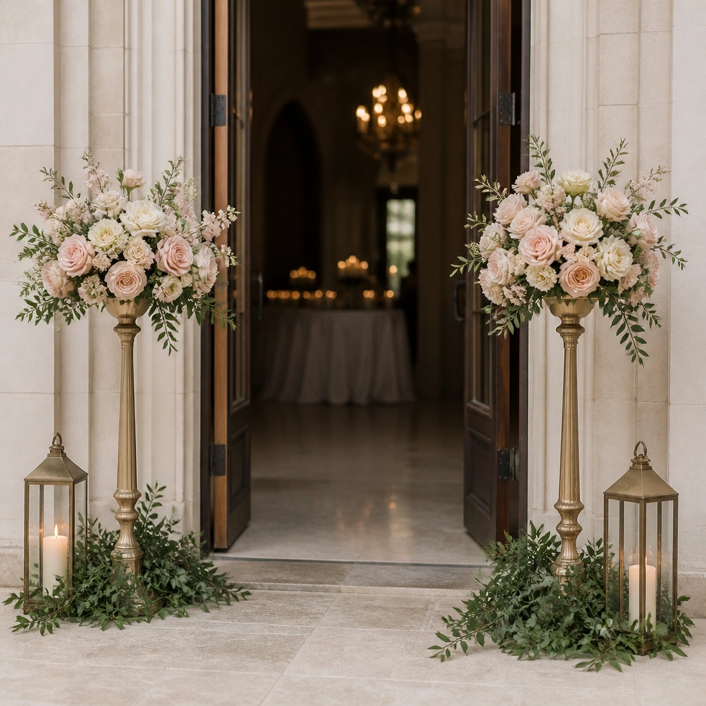 Two tall weighted stands at the entrance holding blush bouquets; small lanterns sit at the bottom; greenery wraps around the base.