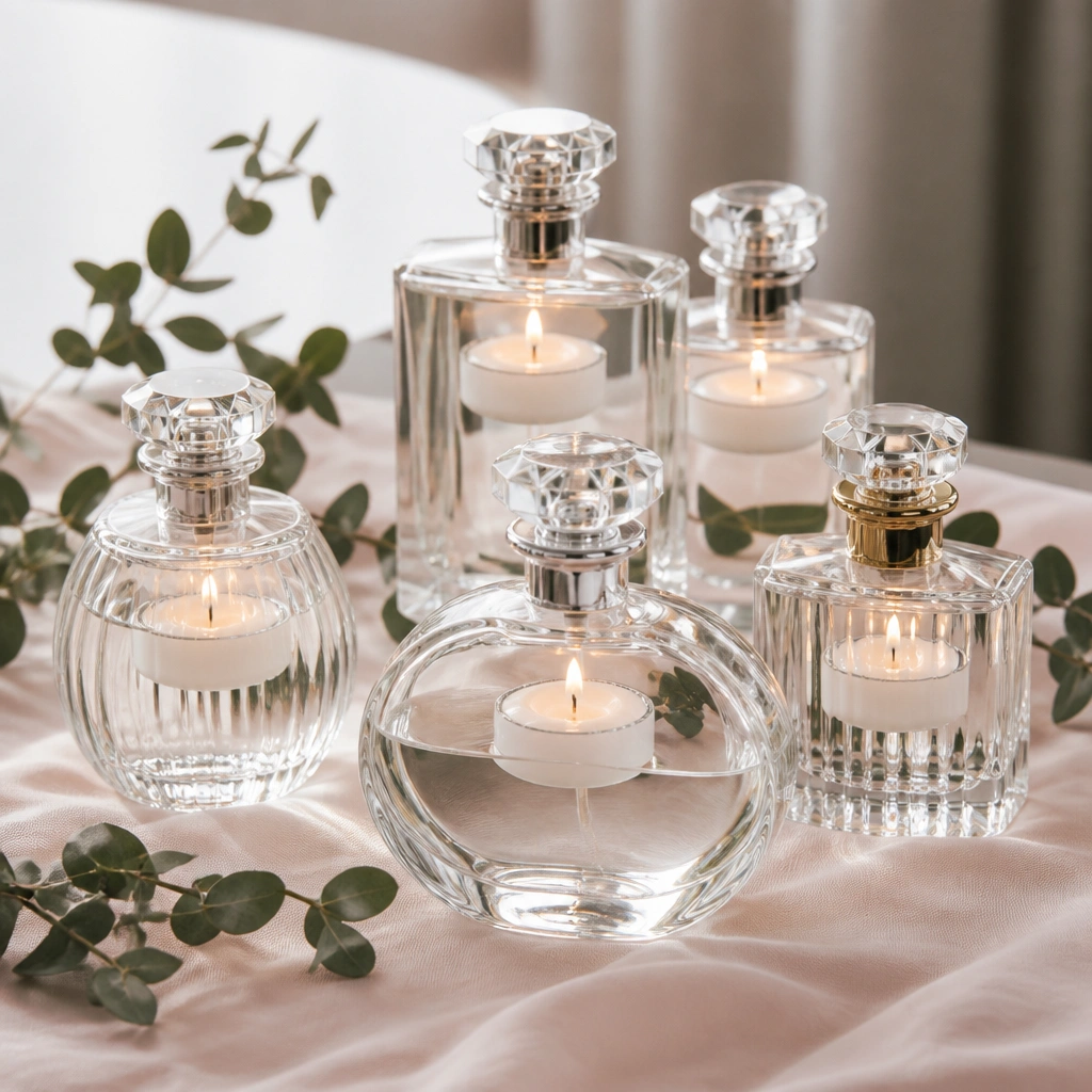 Glass perfume-bottle vases filled with water and floating tea lights; small sprigs of greenery around the bottles; a soft blush tablecloth beneath.