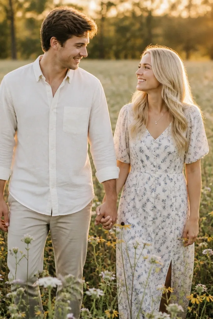 A couple in coordinated outfits walking through a field of wildflowers; warm sunlight creates glowing edges around their hair and shoulders; wild blooms fill the foreground and blur softly behind them.