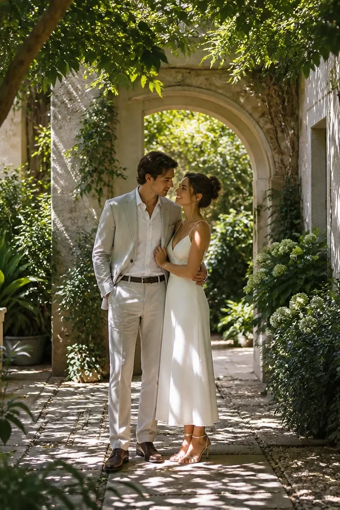 A garden courtyard scene with leafy trees casting patterned shadows on stone paths; the couple stands near an archway, with light speckles on their clothes and faces.
