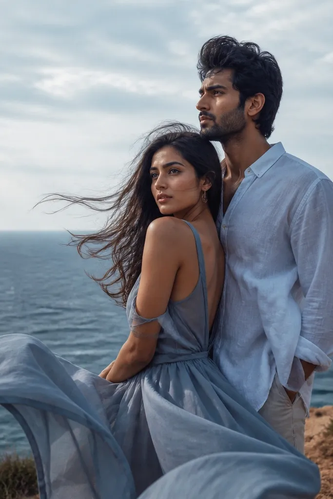 A couple standing near a sea-facing cliff with strong wind lifting fabric; ocean horizon stretches behind them; cool blue tones contrast with warm skin.