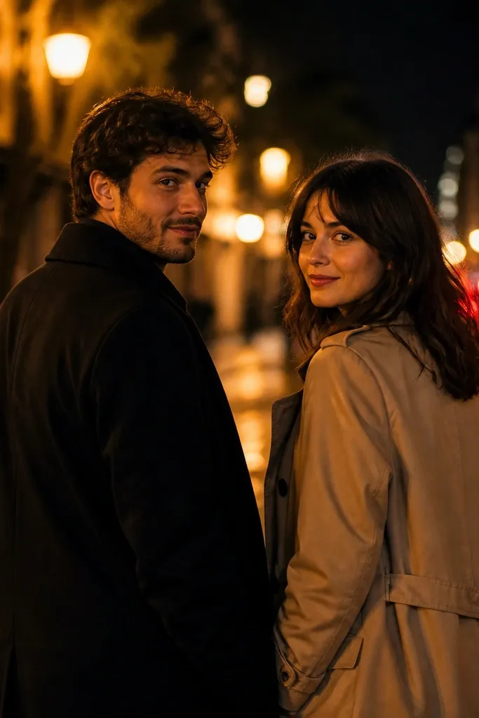 A nighttime urban street scene with warm streetlights; the couple walks side-by-side and turns toward the camera; light bokeh glows in the background.