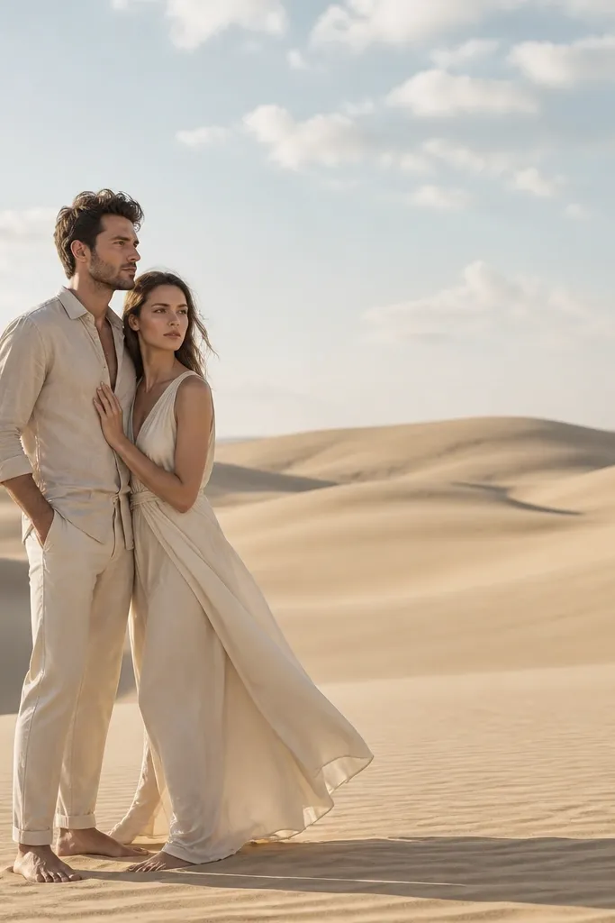 A couple standing on rolling desert dunes; beige and cream outfits blend with the sand; long shadows stretch across the ground under a bright sky.
