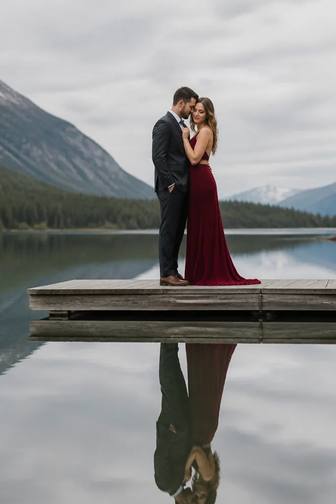 A couple stands on a wooden dock with still water; a bright accent color (like burgundy or emerald) shows in both outfits; reflections mirror their silhouettes.