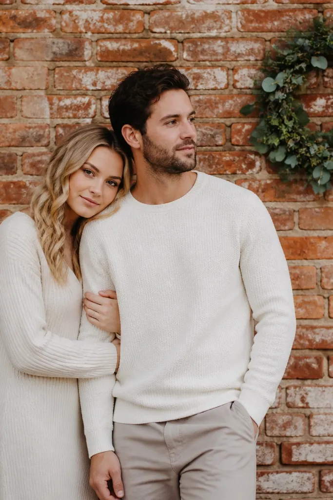 A couple poses against a textured brick wall; warm brick tones contrast with light clothing; a subtle wreath or greenery detail sits near the couple.