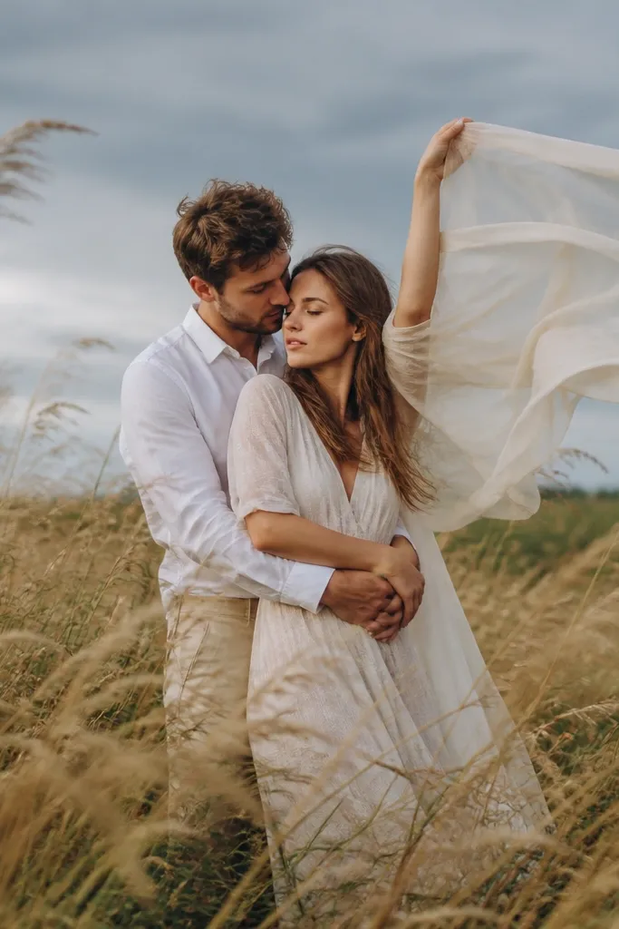 The couple in a meadow of tall grasses; a light fabric scarf or sheer layer is lifted mid-air; grass heads sway around them.