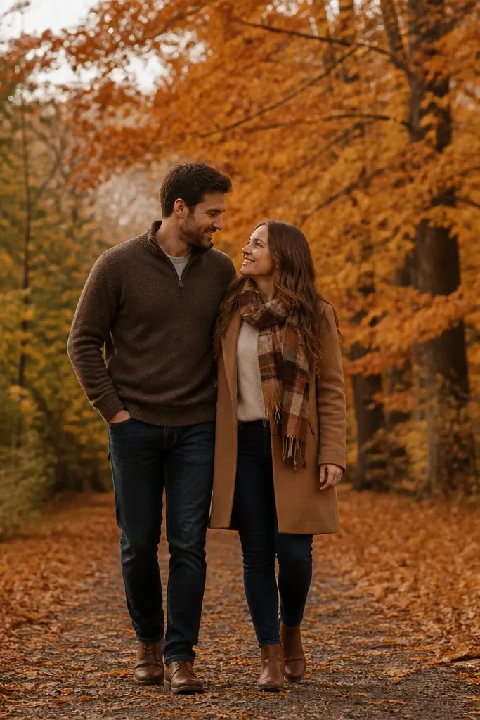 A couple walks along a path covered in fallen autumn leaves; warm oranges and browns surround them; the couple’s outfits match the seasonal palette.