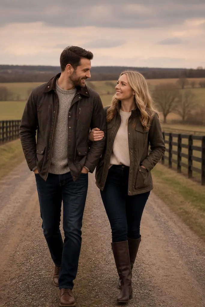 A couple stands and walks along a rural farm road with fence lines converging in the distance; fields stretch behind them; the composition feels editorial and structured.