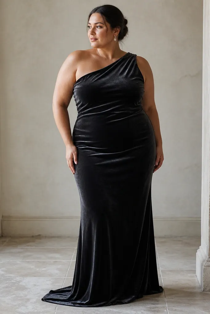 A plus-size model wearing a floor-length deep charcoal velvet gown with a one-shoulder neckline and a fitted column silhouette; the fabric looks plush and light-catching, with minimal seams.