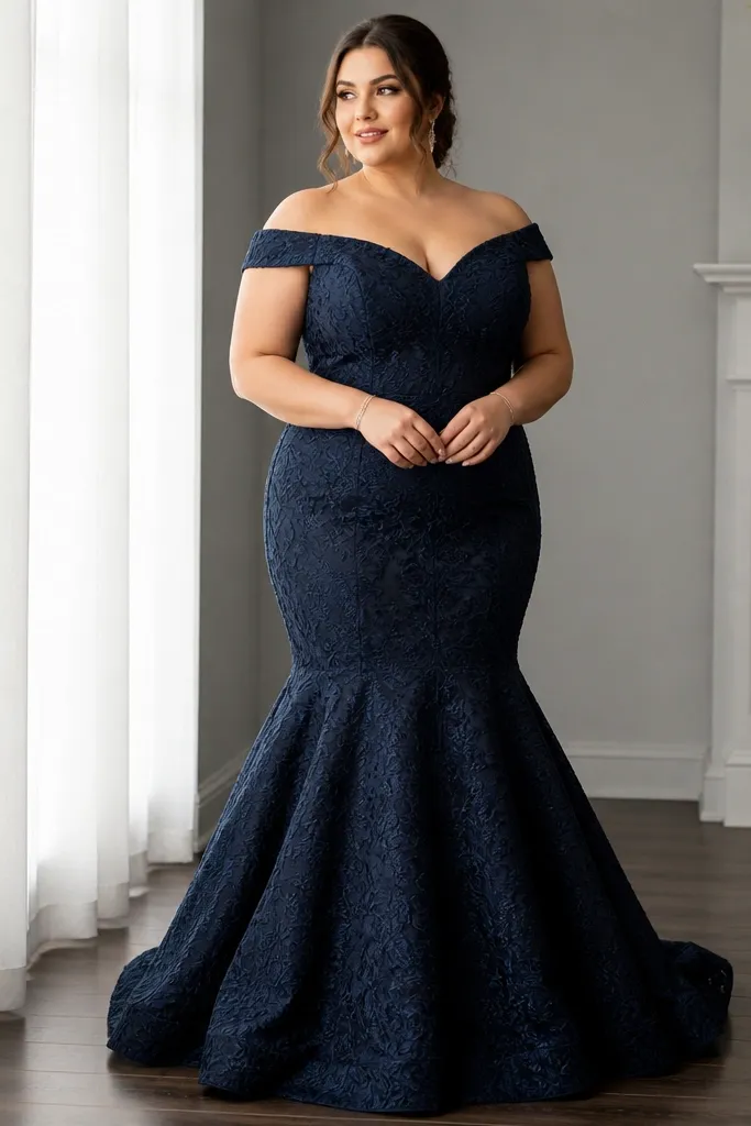 A plus-size model wearing a midnight navy mermaid dress with dense embroidered jacquard texture; the skirt flares at the knee and has a fitted upper portion.