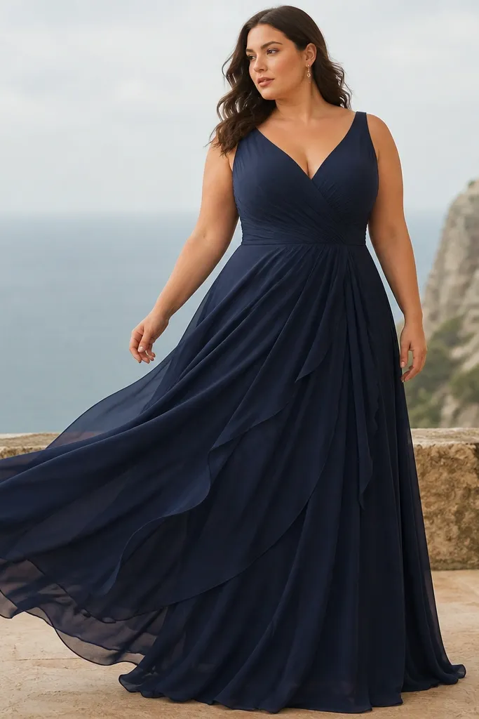 A plus-size model wearing a floor-length dress with a V-neck and visible soft ruching at the waist; the skirt has layered chiffon panels that move like waves.