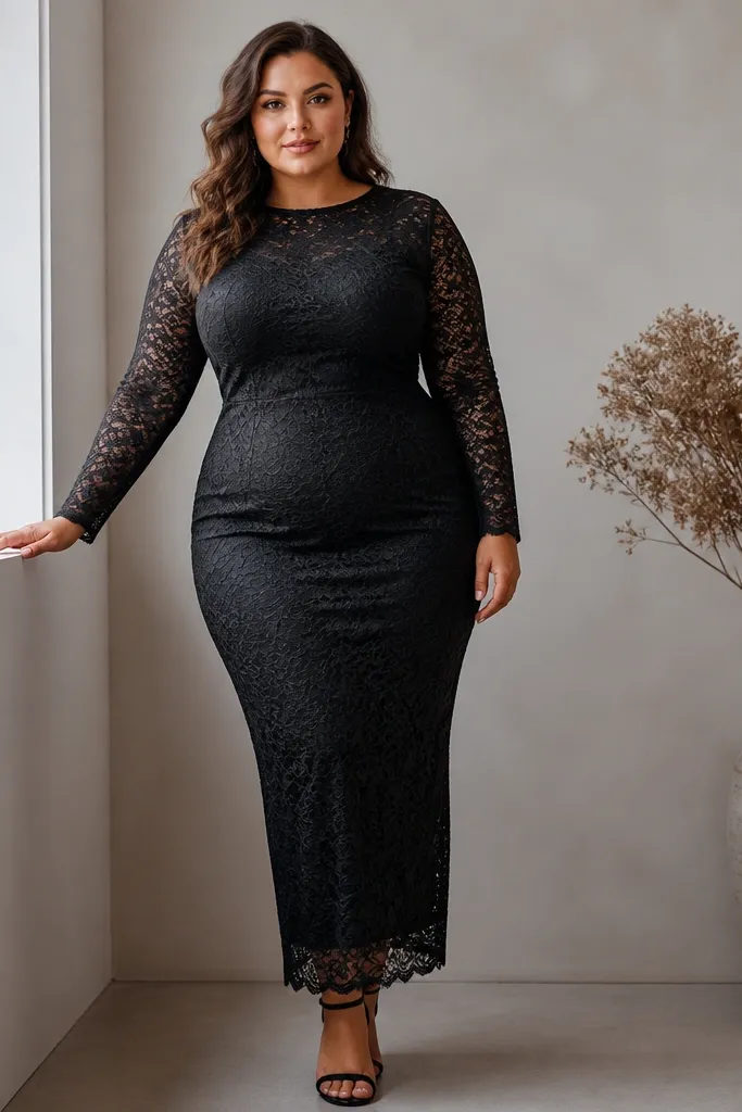 A plus-size model in a black lace sheath dress with long sleeves; the lace pattern is visible over a smooth, opaque lining and the hem falls just above the ankle.