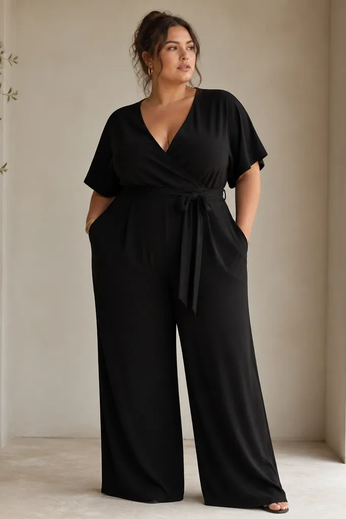 A plus-size model wearing a black crepe jumpsuit with a deep V neckline, a tie-waist belt, and wide-leg trousers; the fabric looks matte and tailored.