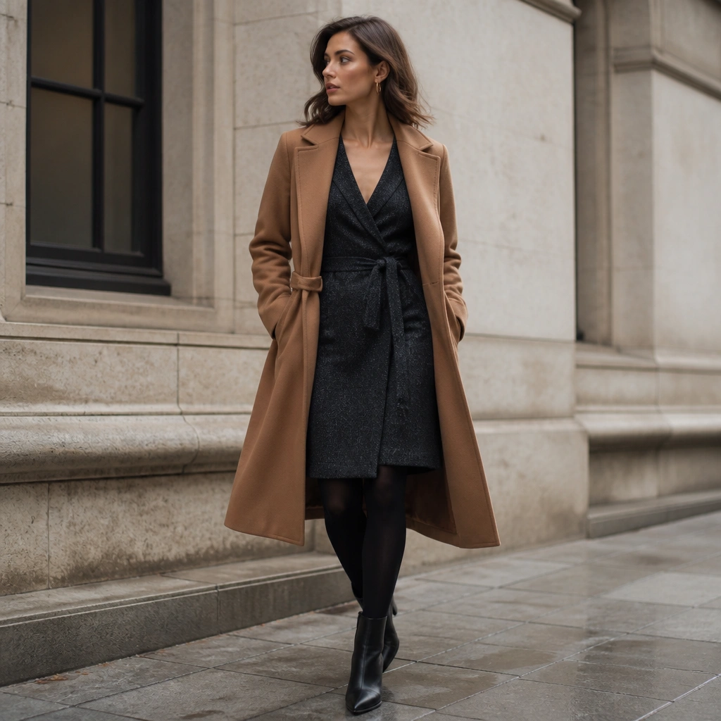 Model wearing a charcoal tweed wrap dress with a deep V neckline and a waist tie, layered under a camel wool belted coat; black tights and ankle boots; small gold hoop earrings.