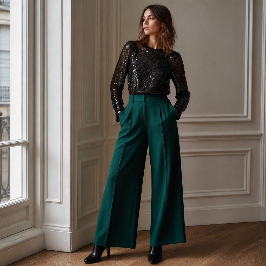 Model wearing a black long-sleeve sequin top with a crew neckline, tucked into high-waist wide-leg trousers in deep emerald; satin camisole underneath; black heeled boots.