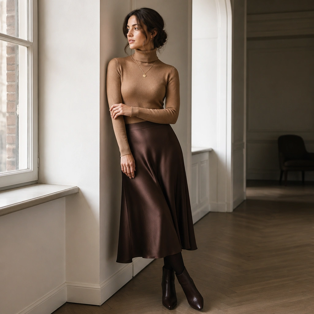 Chocolate-brown satin midi skirt with a subtle sheen and soft drape, paired with a fitted turtleneck sweater in warm camel; gold pendant necklace; tights and ankle boots.