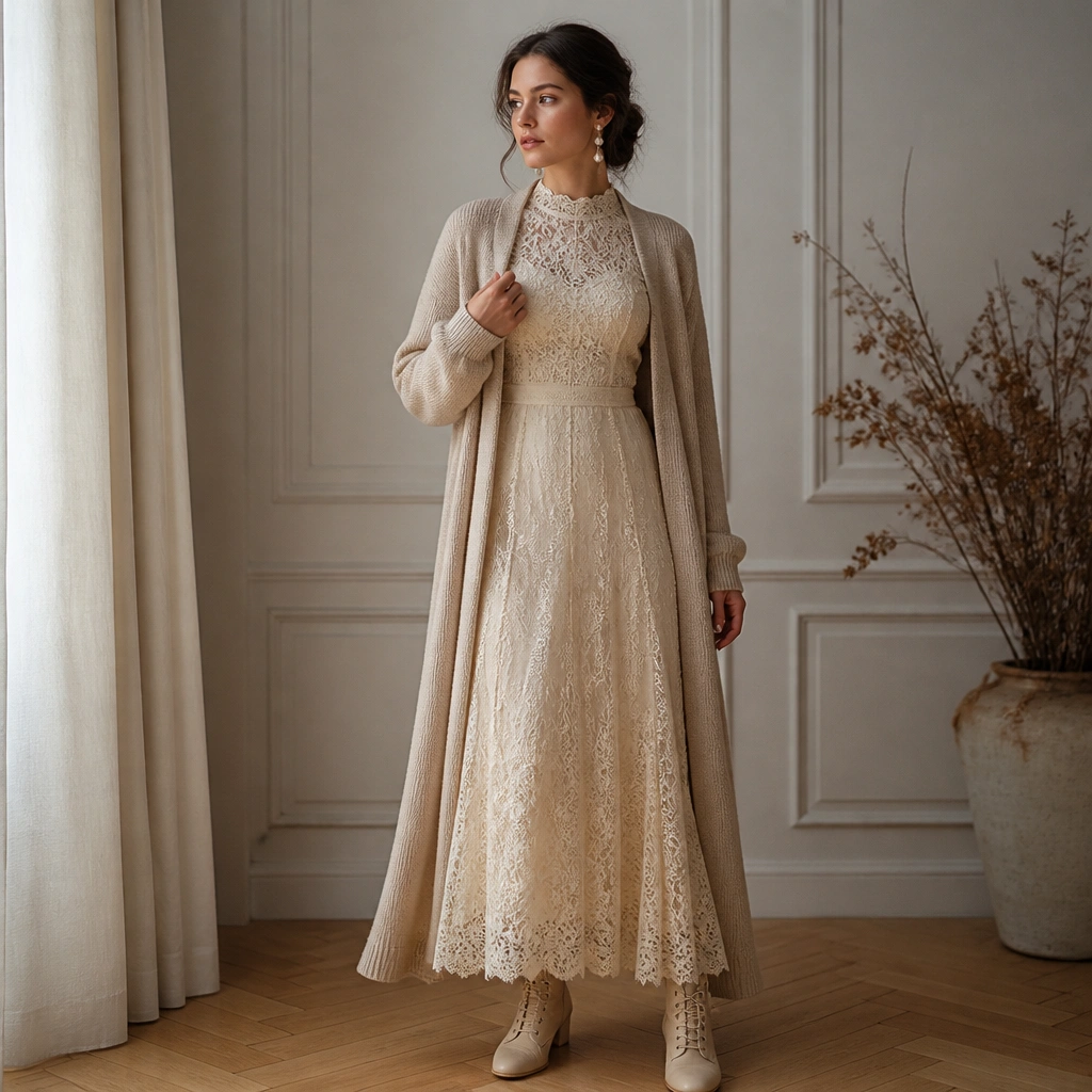Cream lace maxi dress with long sleeves and a fitted bodice, styled under a longline cardigan in oatmeal; layered pearl earrings; neutral tights and lace-up boots.
