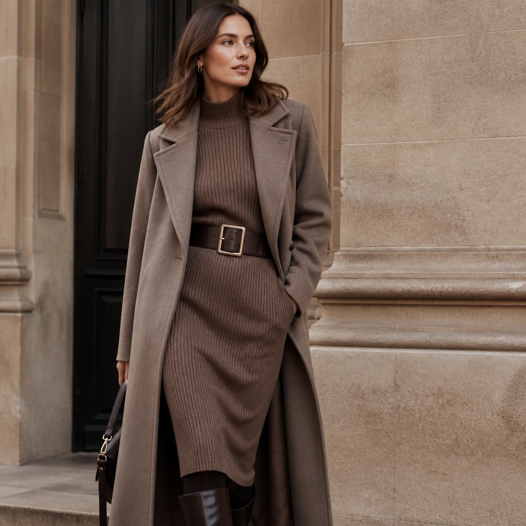 Mocha ribbed knit midi dress with long sleeves, cinched with a wide belt; layered over a structured overcoat in taupe; dark leggings/tights; tall boots.
