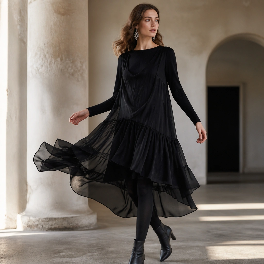 Black chiffon overlay dress with a layered skirt and fluttery movement, styled over a fitted warm jersey underdress; long sleeves on the underlayer; silver earrings; black tights and heeled ankle boots.