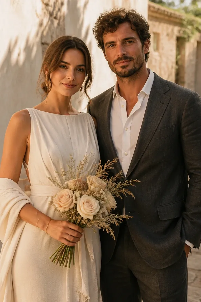 A couple standing side-by-side on a sunlit stone walkway. The woman wears a cream linen dress with a light drape and minimal jewelry; the man wears a charcoal linen blazer over a white shirt. Soft shadows, warm golden light, and a simple bouquet in neutral tones.