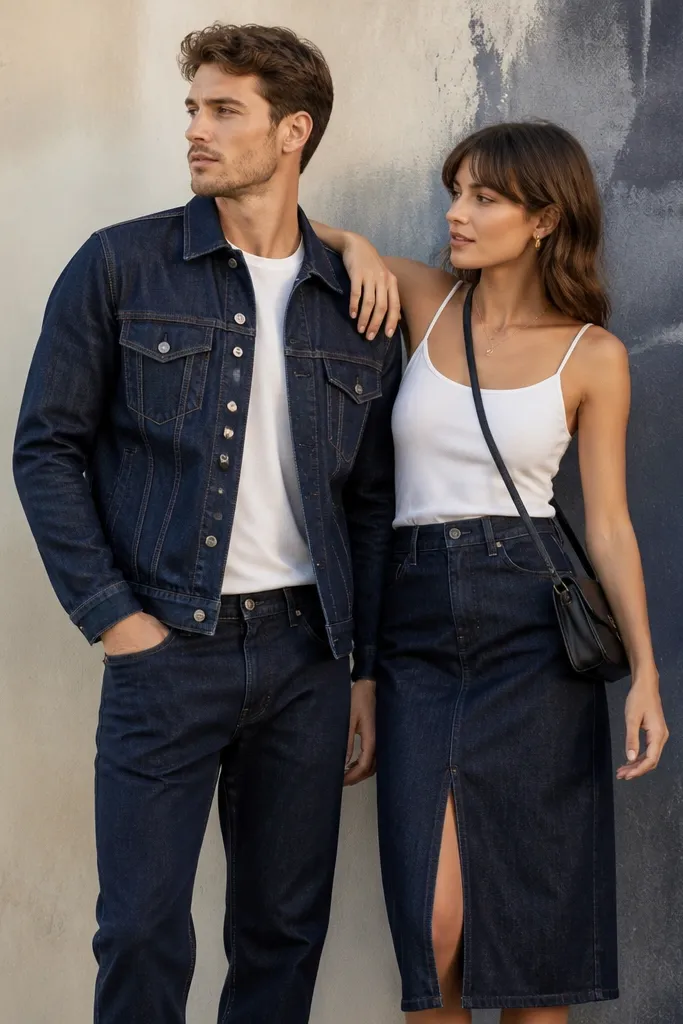 A couple posing near a modern wall with painted texture. The man wears dark indigo jeans with a fitted denim jacket; the woman wears a denim midi skirt and a white camisole underneath. Both have matching indigo tones with small gold earrings and a simple crossbody bag.