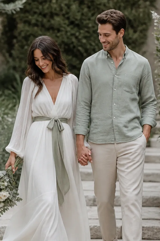 A couple walking through greenery. The woman wears a soft white flowy dress with a sage ribbon tied at the waist; the man wears a sage-toned shirt with beige trousers. A small bouquet of white flowers and eucalyptus sits in the woman’s hand.
