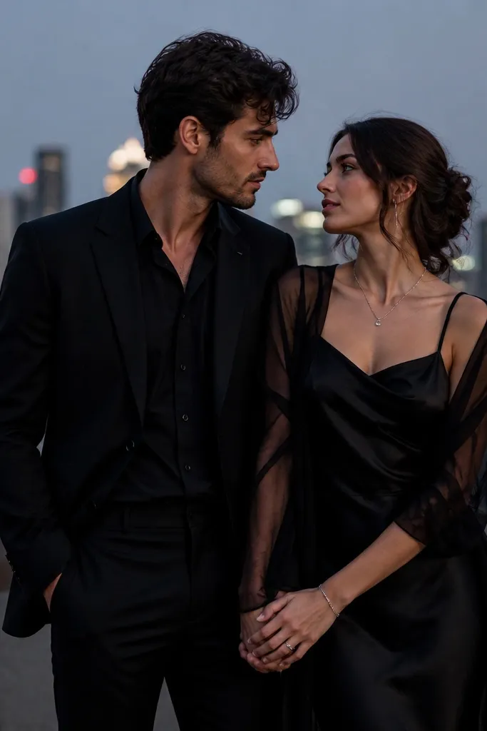 Evening portraits outdoors with city lights blurred in the background. The man wears a black tailored shirt with a matte black blazer and tapered trousers; the woman wears a black satin slip dress with a sheer outer layer. They stand close, hands intertwined, with subtle silver jewelry.