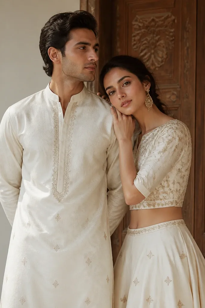 A couple posed near carved wooden doors. The man wears an ivory kurta with subtle embroidery and a structured collar; the woman wears a minimal ivory skirt with a lightweight embroidered blouse. Both outfits share the same ivory base with delicate gold accents.