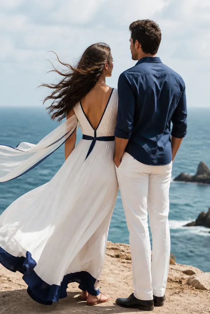 Beach-side portraits with wind in motion. The woman wears a white maxi dress with navy accents; the man wears a navy shirt with rolled sleeves and white trousers. A light scarf flutters, and the couple stands facing the ocean.