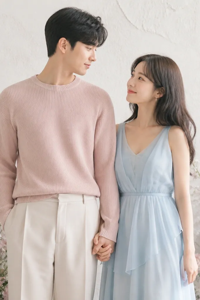 A pastel-themed photo set in front of a pale wall. The man wears a blush knit sweater with cream pants; the woman wears a light blue chiffon dress with a delicate neckline. Their hands are gently linked, with pastel flowers in the background.