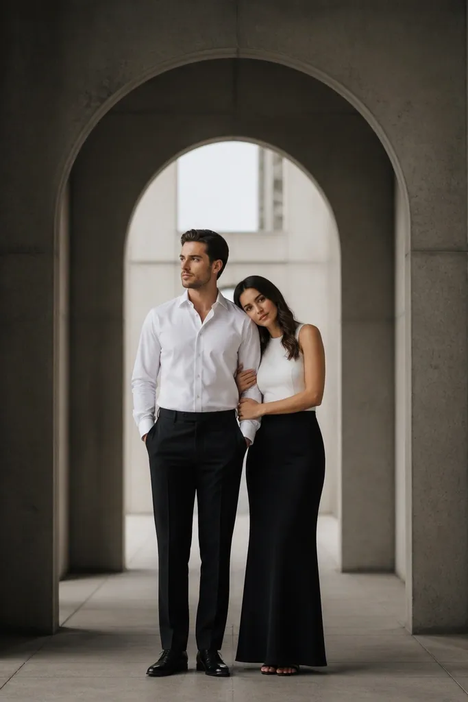 A couple standing where strong building lines frame them. The man wears a crisp white shirt tucked into tailored black trousers; the woman wears a fitted white top with a long, high-waisted black skirt. They pose under a concrete arch for dramatic symmetry.