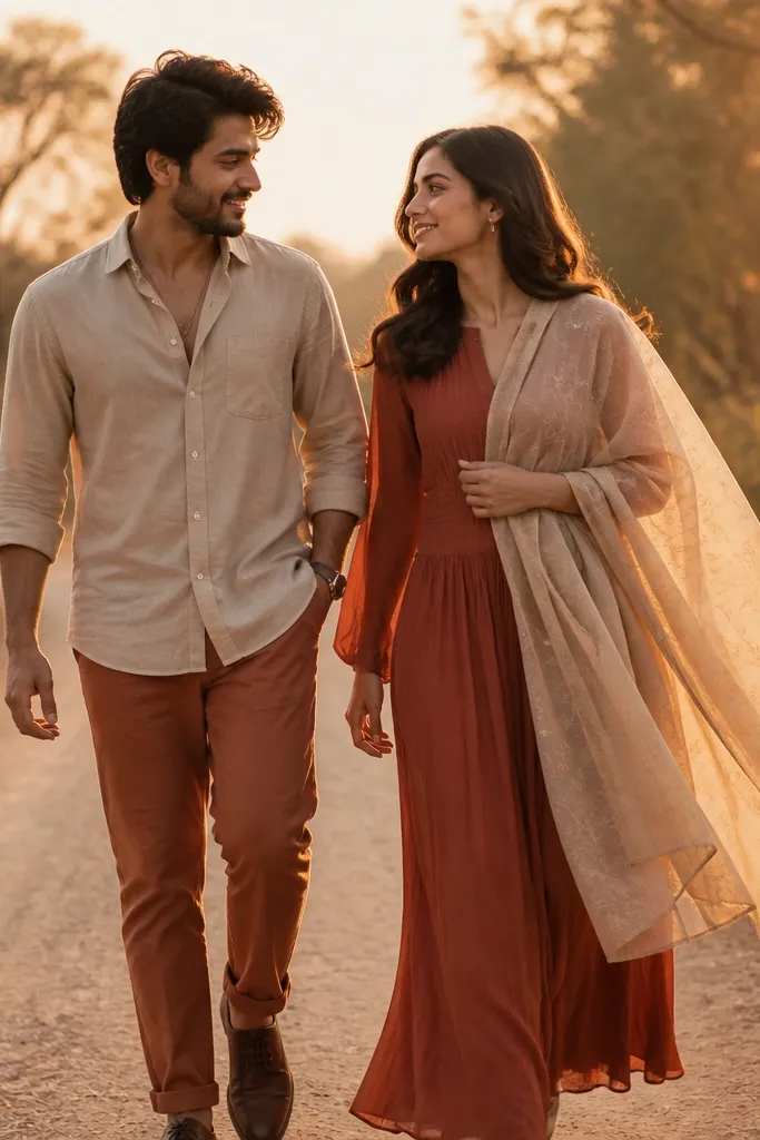 A golden-hour outdoor shoot on a dirt path. The man wears a sand-colored shirt with terracotta trousers; the woman wears a flowing dress in terracotta with a sand-colored statement scarf. The scarf drapes over her shoulder and catches sunlight.