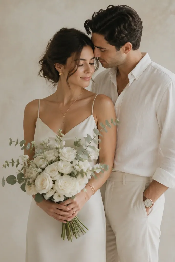 A couple holding soft flowers. The woman wears a cream dress; the man wears an off-white shirt and cream trousers. The bouquet is cream flowers with a few green eucalyptus stems, and their accessories are gold.