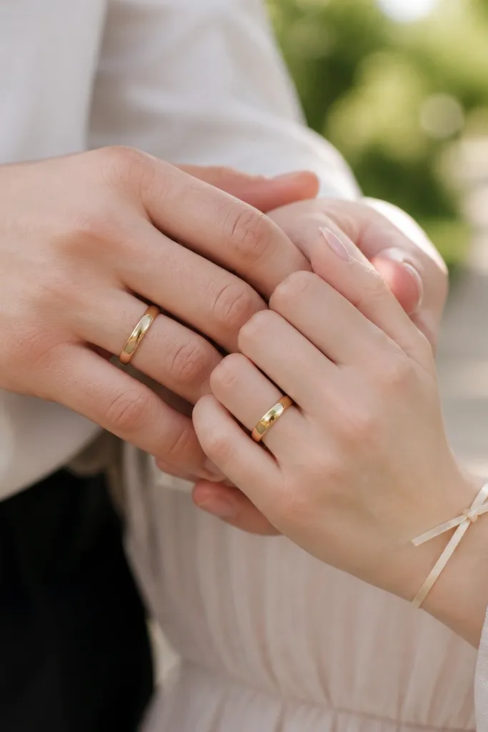 Close-up portrait focusing on hands. The couple’s fingers show matching rings; the woman’s wrist has a thin ribbon bracelet. A soft background blur shows greenery and a pathway, with sunlight hitting the jewelry.