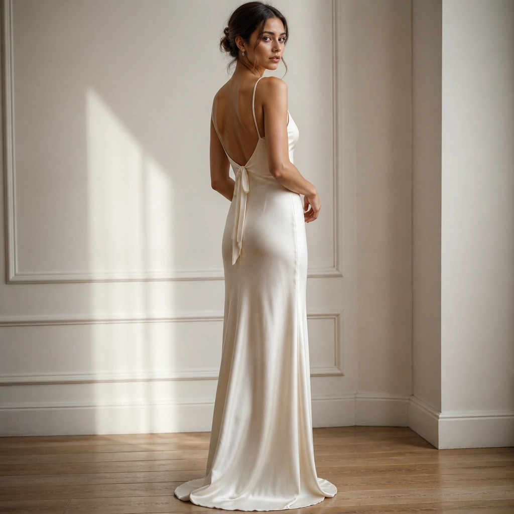 A floor-length ivory satin slip dress with thin straps, a subtle sheen, and a tied bow at the back. The neckline is a clean V-shape, and the hem skims the floor with a slight pooling effect.