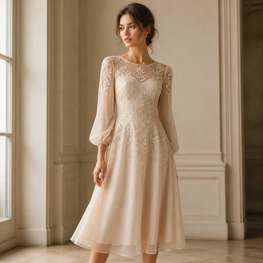 A light champagne chiffon A-line midi dress with a semi-sheer floral appliqué overlay concentrated on the bodice and upper skirt. The skirt flares gently, and the sleeves are airy with soft gathers.