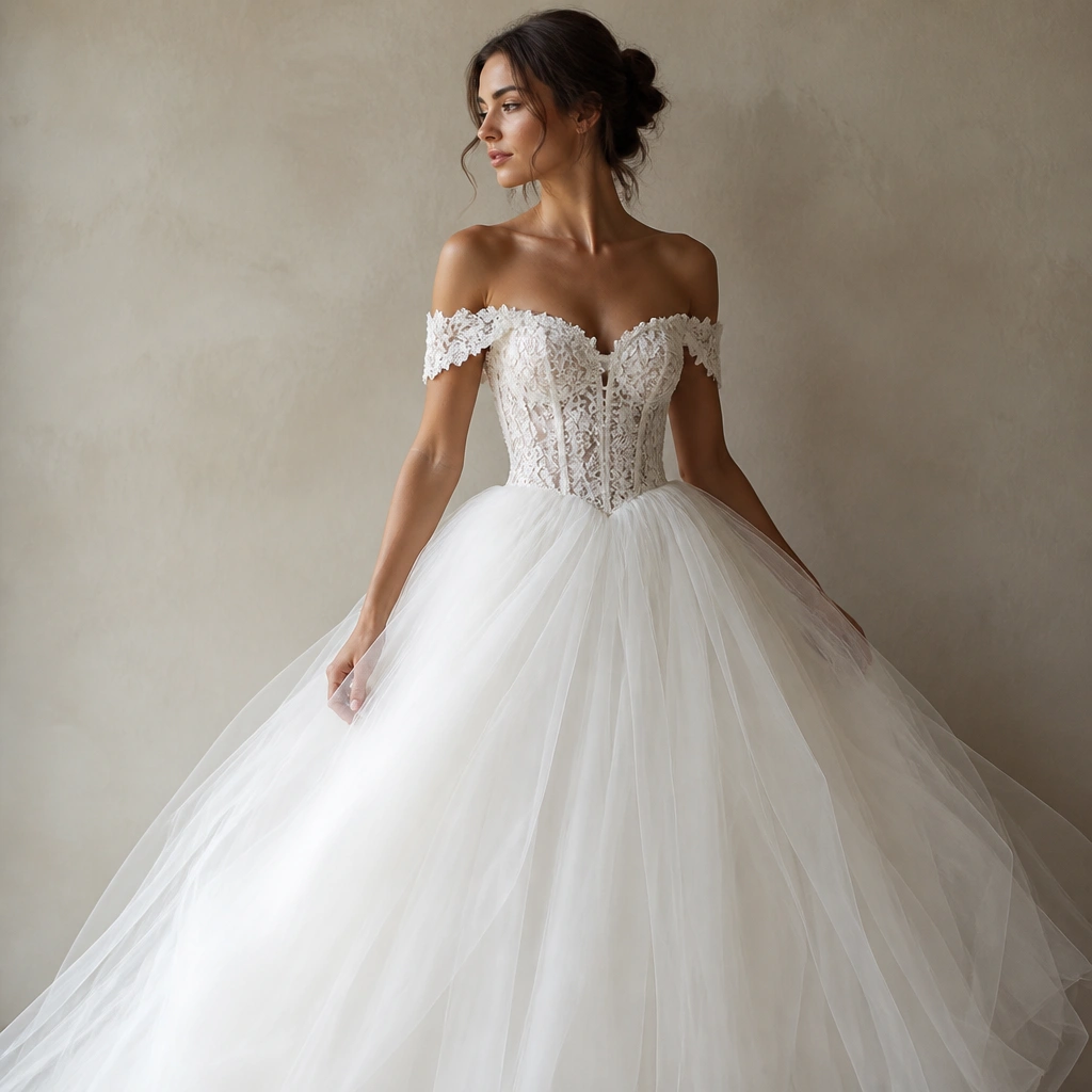 An off-shoulder lace bodice shaped like a corset with scalloped edges, paired with a voluminous white tulle skirt. The dress has a fitted waist and a soft, cloud-like skirt texture.