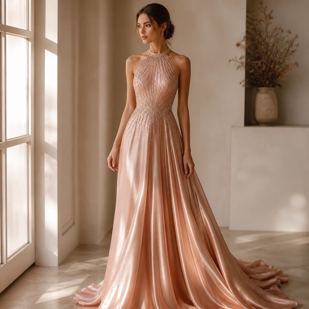 A champagne rose-gold halter gown with fine beadwork across the bodice and a flowing skirt that catches light. The neckline is high and elegant, and the fabric looks satin-smooth with sparkle detail.