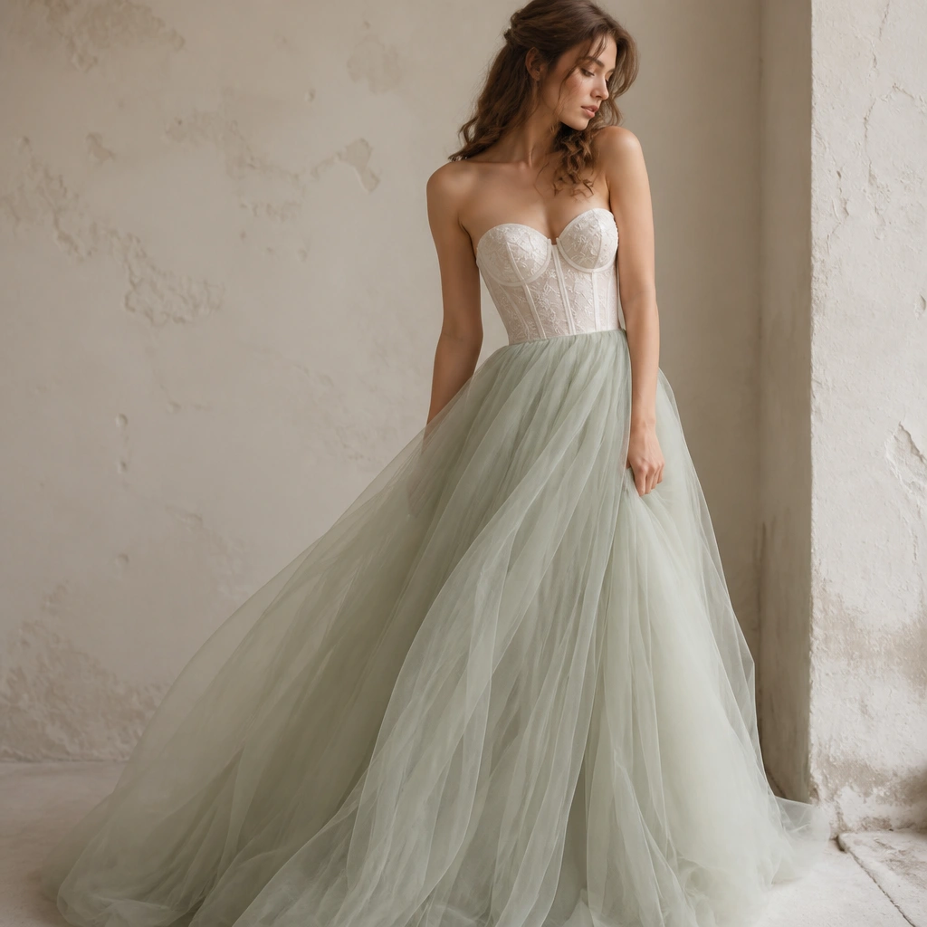 A soft sage tulle skirt paired with a white bridal corset-style top. The skirt is layered and airy, and the color contrast looks gentle and dreamy rather than bold.