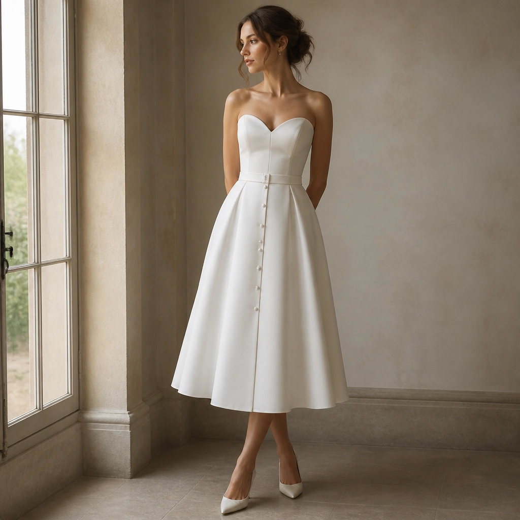A tea-length white dress with a sweetheart neckline, pearl buttons down the front, and a waist belt in satin. The skirt is gently flared and ends around mid-calf.