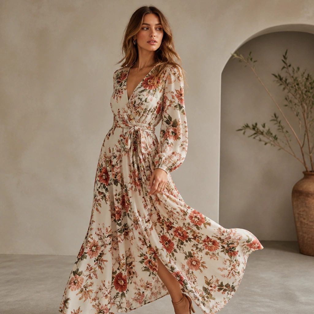 A cream-based floral wrap maxi dress with long sleeves and a tied waist. The print is rich but not neon, and the skirt flows with a soft, gathered drape.