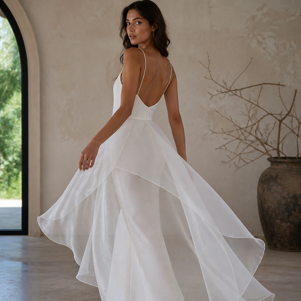 A fitted white slip dress with an organza overskirt that floats and catches light. The overskirt layers are visible at the waist and move like a translucent veil as the model turns.