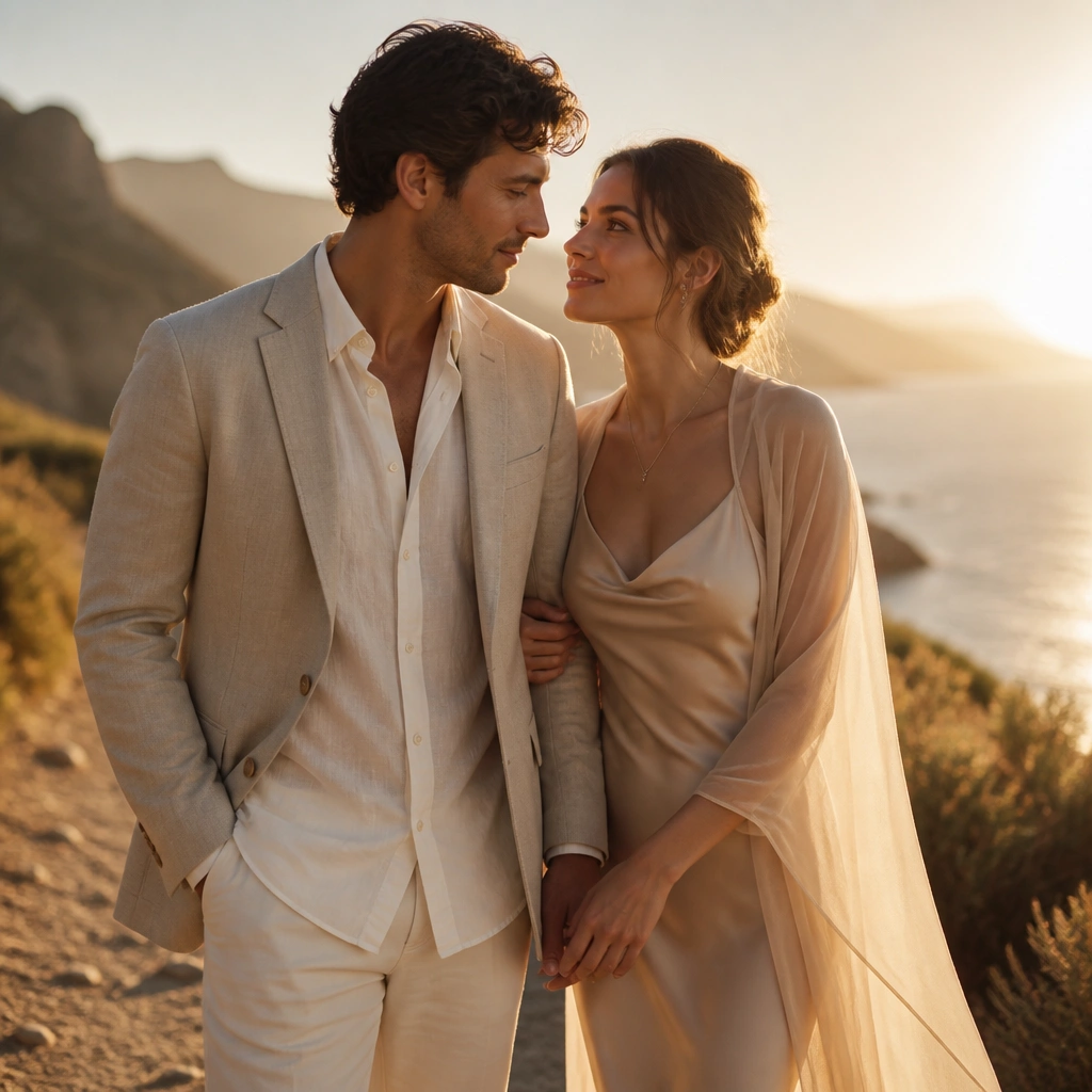 A couple outdoors at golden hour wearing layered neutrals: a cream shirt under a light beige blazer for him, and a champagne satin dress with a soft chiffon overlay for her; warm sun flare is visible; no harsh glare on faces.