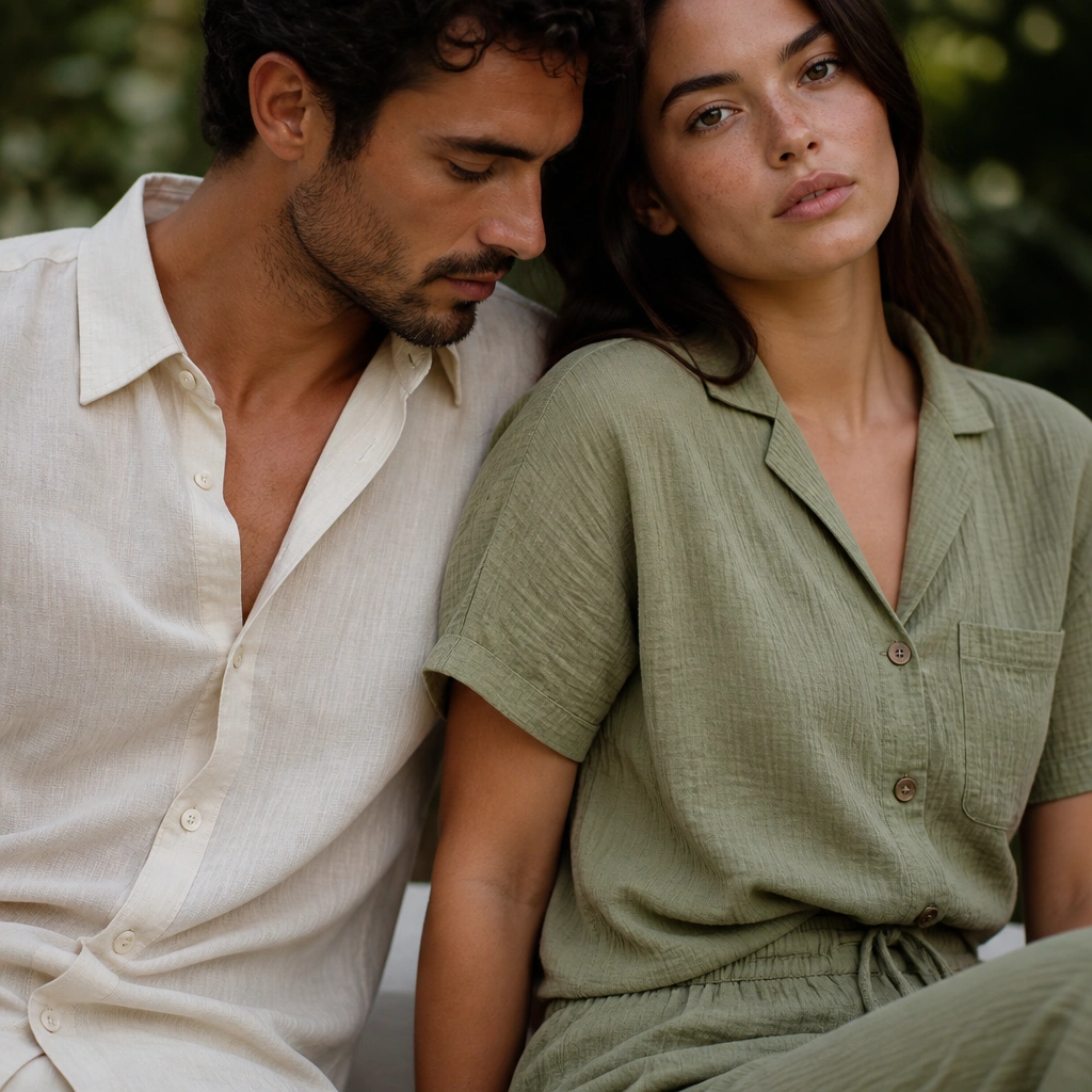Close-up framing of a man in a light linen shirt and a woman in a textured cotton or crepe co-ord; the background is blurred with greenery bokeh; fabric grain is visible and crisp.