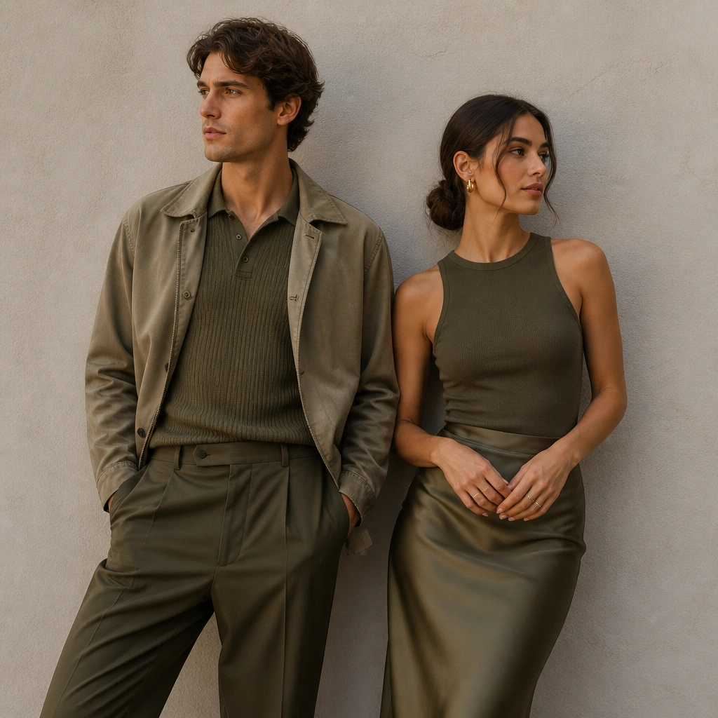 A coordinated couple palette: both wear earthy olive, but with different textures - he in an olive knit polo under a light jacket, she in an olive satin skirt with a matte top; the couple stands against a neutral wall.